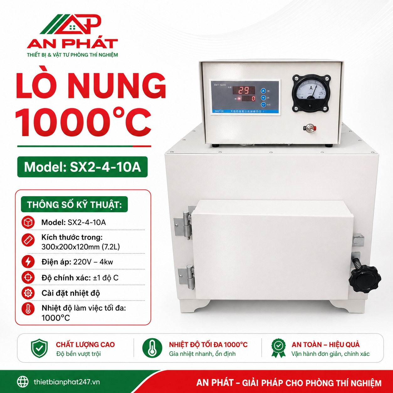 lo-nung-1000-do-7,2lit Lò nung 1000°C dung tích 7,2 lít Model SX2-4-10A, điện áp 220V, công suất 4kW, dùng trong phòng thí nghiệm.