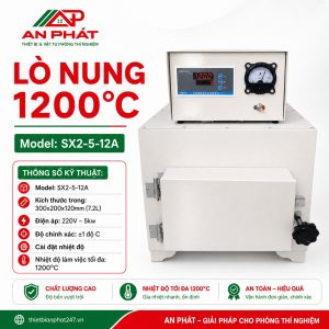 Lò nung 1200°C dung tích 7,2 lít Model SX2-5-12A, điện áp 220V, công suất 5kW, dùng trong phòng thí nghiệm.