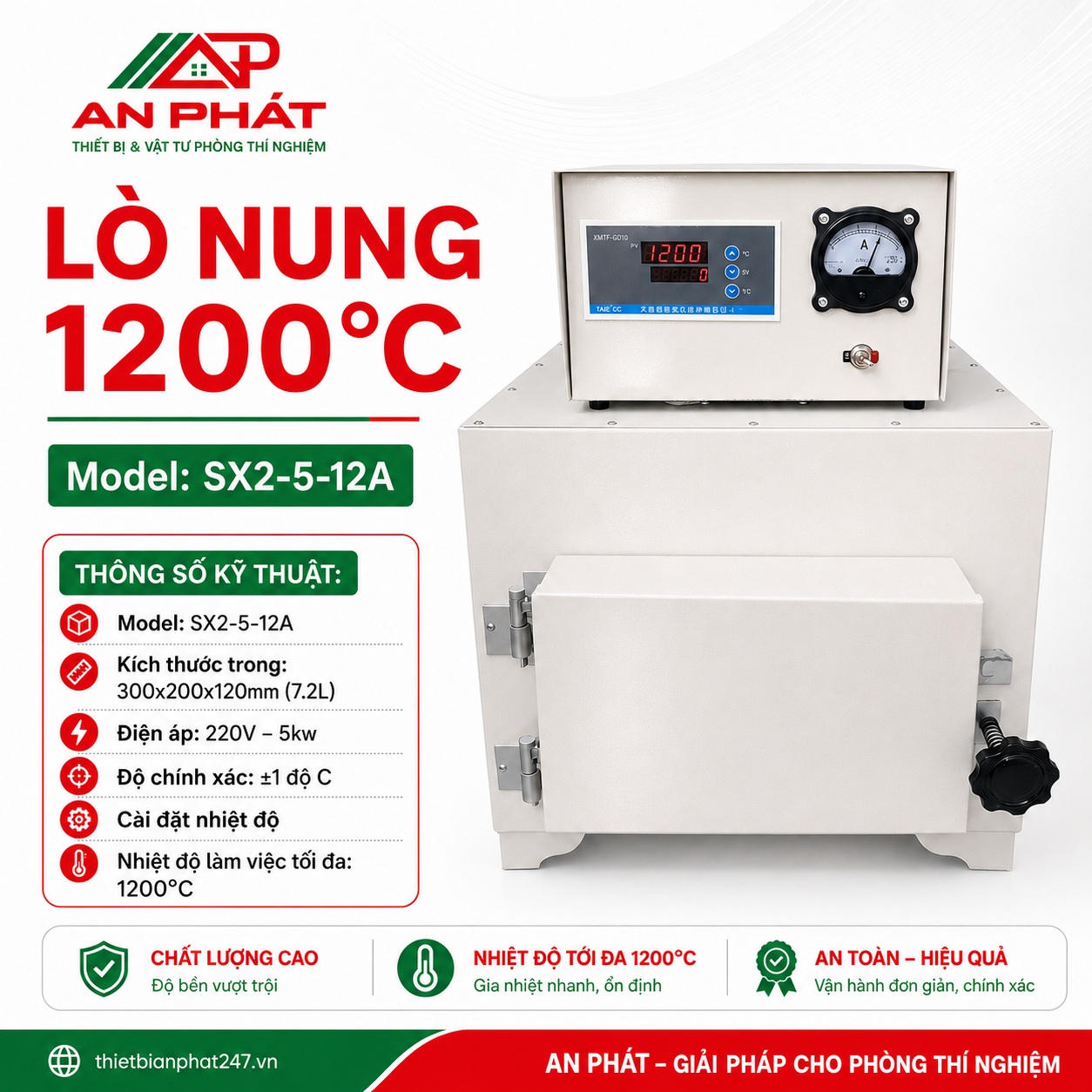 lo-nung-1200-do-7.2-lit Lò nung 1200°C dung tích 7,2 lít Model SX2-5-12A, điện áp 220V, công suất 5kW, dùng trong phòng thí nghiệm.