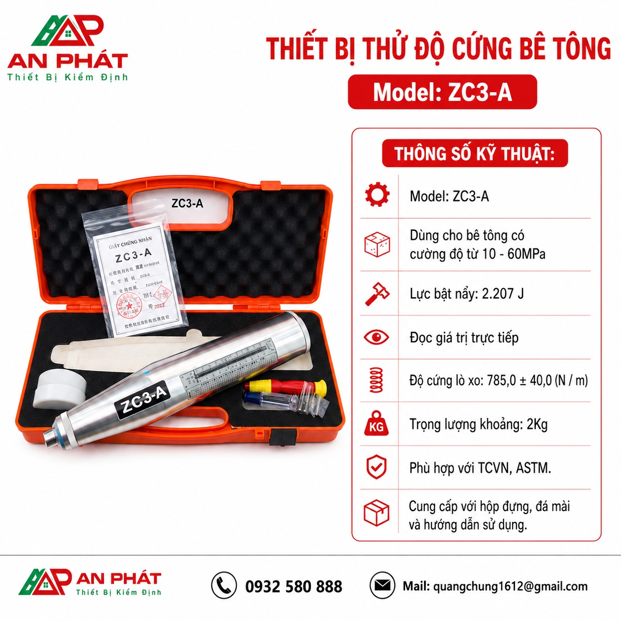 Súng bật nảy kiểm tra cường độ bê tông Model ZC3-A, dải cường độ 10–60 MPa, lực bật nảy 2.207 J, phù hợp TCVN và ASTM.