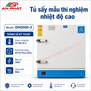 Tủ sấy 225 lít 500°C Model DHG500-3 dùng trong phòng thí nghiệm vật liệu, xi măng, đất, cốt liệu, hóa chất và kiểm định chất lượng.