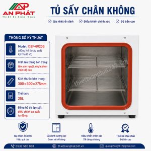 Tủ sấy chân không DZF-6020B dung tích 25 lít, kích thước trong 300×300×275 mm, đồng hồ đo áp suất kỹ thuật số và điều chỉnh áp suất tự động.
