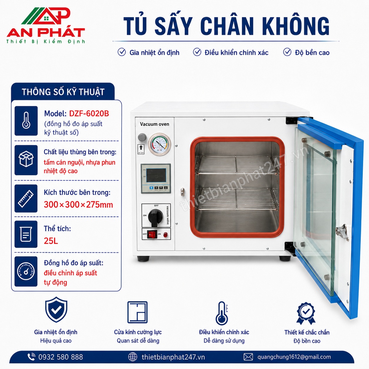tu-say-chan-khong-DZF-6020B Tủ sấy chân không DZF-6020B dung tích 25 lít, đồng hồ đo áp suất kỹ thuật số
