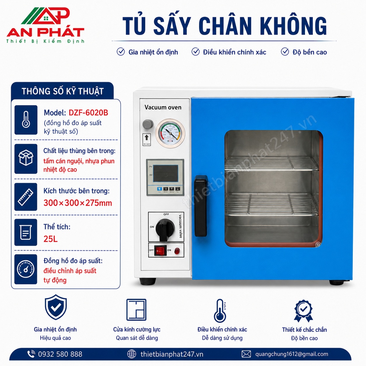 tu-say-chan-khong Tủ sấy chân không DZF-6020B dung tích 25 lít, đồng hồ đo áp suất kỹ thuật số